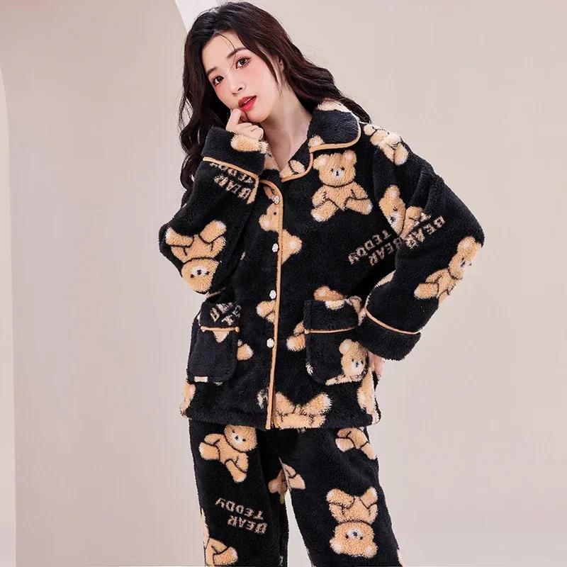 

Зимние длинные рукава толстые теплые фланелевые пижамные комплекты для женщин коралловый бархатный кардиган пижамы костюм пижамы домашняя одежда роскошная одежда 2XL