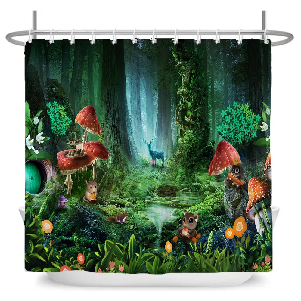 Enchanted Forest Shower Curtain Cartoon Magic Tale Mushroom Wonderland Gothic Shower Curtain Waterproof Bath Decor With Hooks