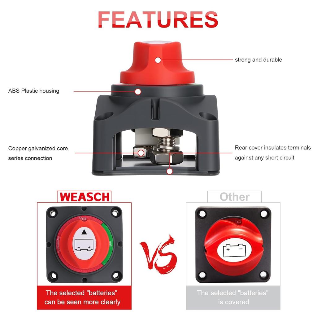 Top Post Battery Disconnect Switch, 250A 12-48V On/Off, Heavy-Duty Battery Disconnect Switch for Cars, Vehicles, RVs, and Boats