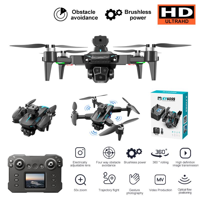 2024 605S LCDScreen Controlled Version 4K HD 3 Camera Brushless Drone Motor Obstacle Avoidance Foldable Quadcopter Dron RC Toy