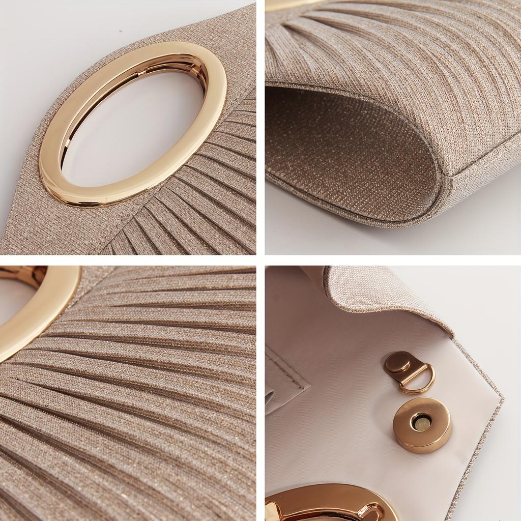 Double Magnetic Button Glamorous Glitter Dinner Clutch Bag for Ladies with Metal Ring Handle Pleated Design Includes Necklace Crossbody Bag