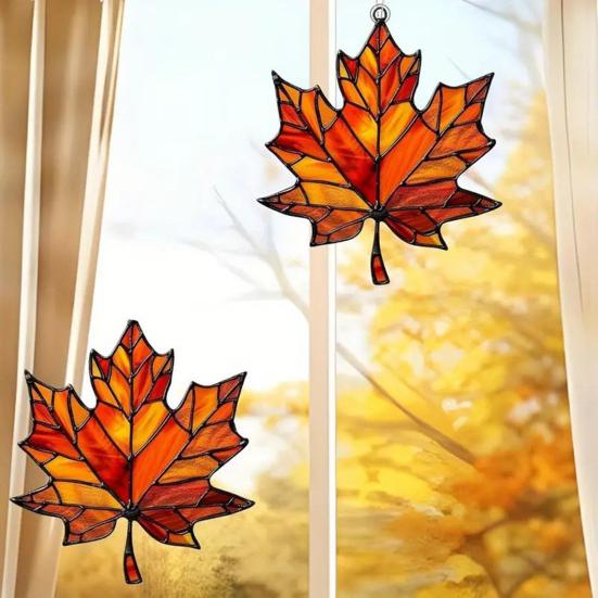 Lønneblad Solfanger Hengende Dekorasjon Thanksgiving Dag Høst Farget Glass 2D Flat Akrylglass Vindu Vegghengende Skilt Ornament