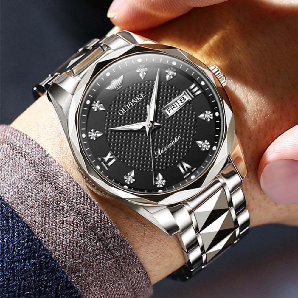 OUPINKE Men's Watch Automatic Mechanical Watch Stainless Steel Business Double Calendar Waterproof High-end Watch