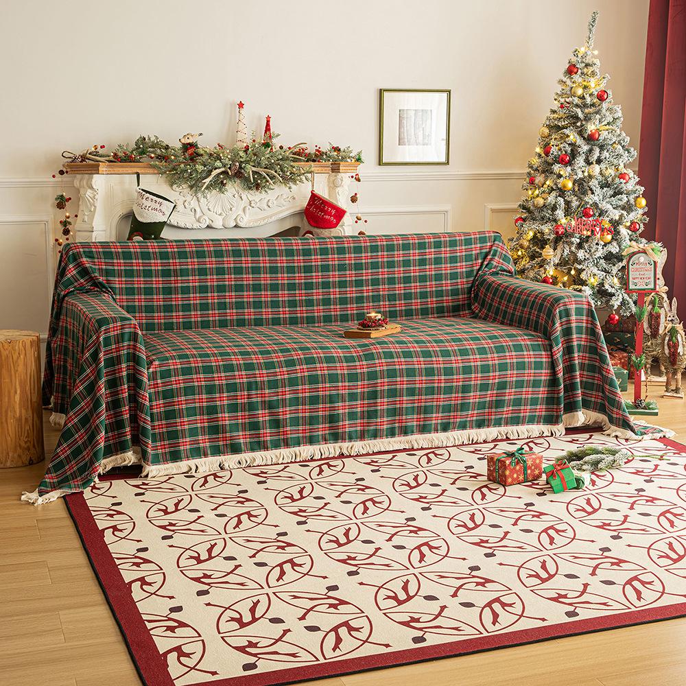 New Christmas Plaid Sofa Throw - Retro Non-Slip Couch Cover, Multi-Purpose Blanket for Home & Vacation Rentals Festive Sofa Cover