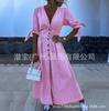 New European and American women's clothing summer spot collar cardigan pure cotton solid color waist dress