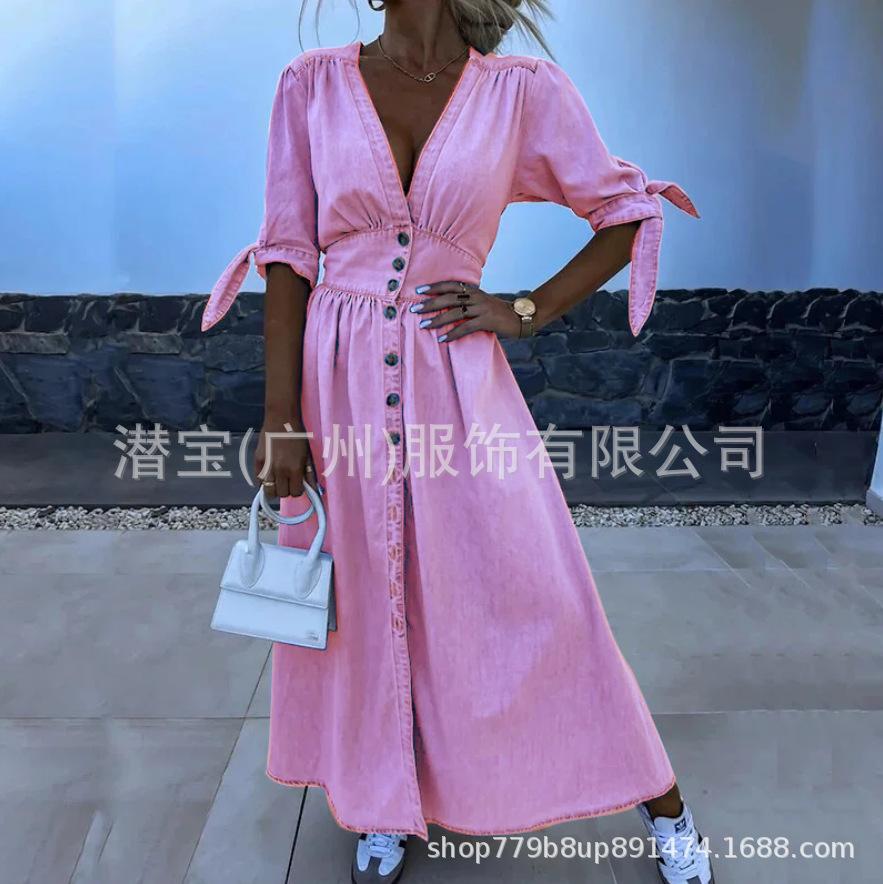 New European and American women's clothing summer spot collar cardigan pure cotton solid color waist dress