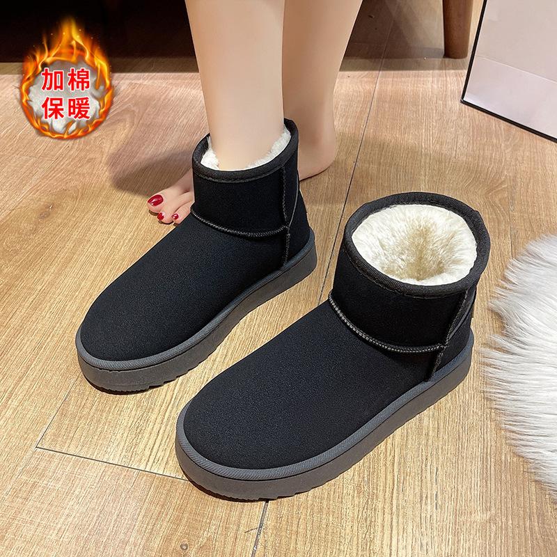 Fashion Winter Brown Snow Boots Plush Suede Ankle Boots Waterproof Warm Cotton Women Boots Slip On Fleece Thickened Flat Short Booties