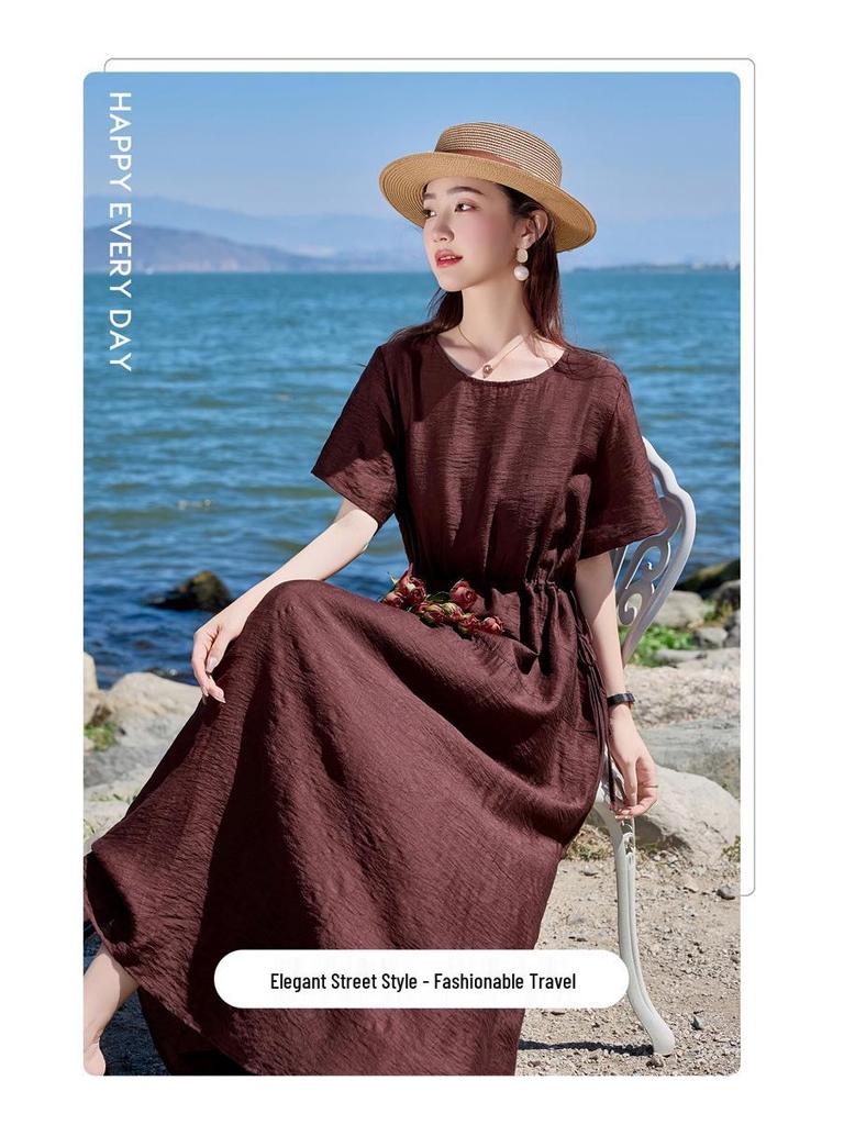 2025 Summer Loose Women's Round Neck Short Sleeve Slimming Long Dress