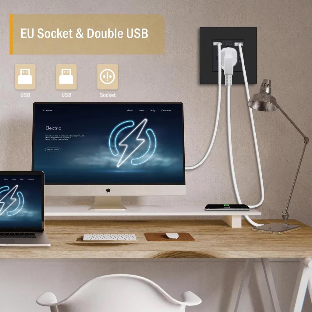 BSEED Einzelne EU-Wandsteckdose Doppel-USB-Steckdosen Typ C Dreifache Steckdosen Vier Steckdosen USB-C-Anschluss 2,1A Kunststoffrahmen