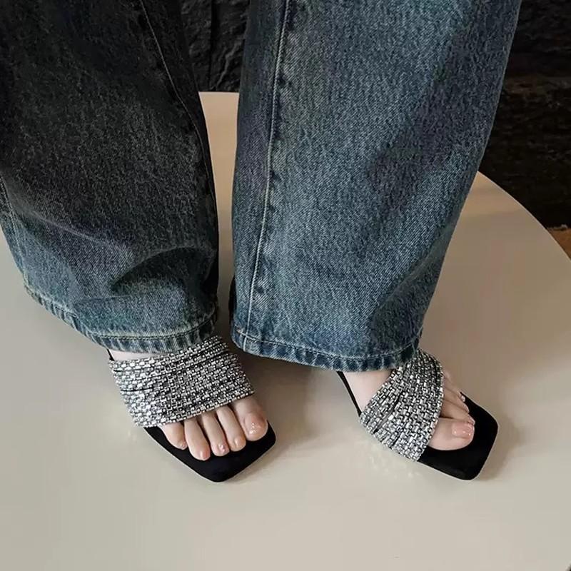 

Square head chain rhinestone high heels 20 summer new temperament sexy suede word with thick heel slope heel cool slippers women 40