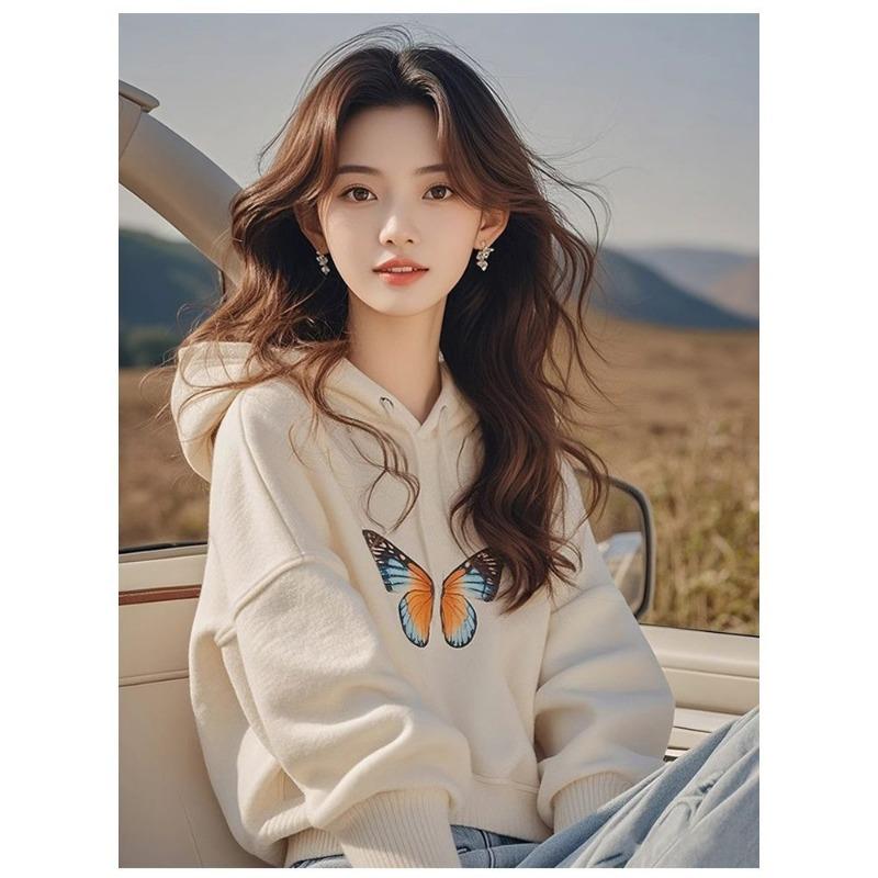 Autumn Women s Hoodie Butterfly Print Loose Long Sleeve Casual Sweatshirt S бежевый