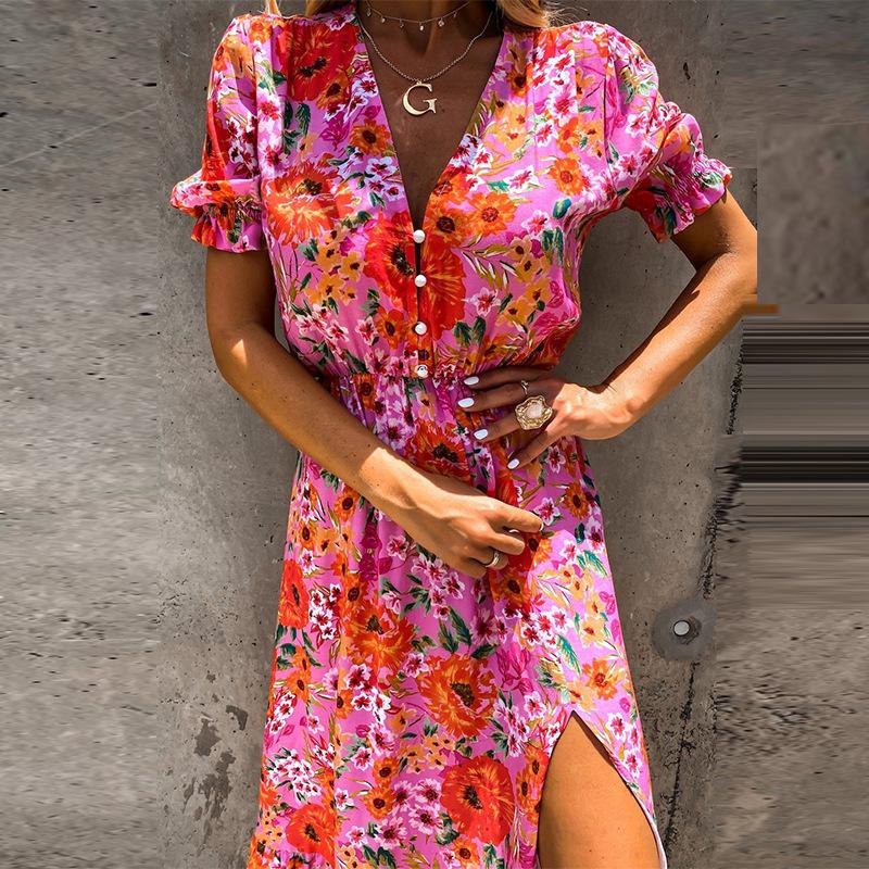 Spring and Summer Printed Short-sleeved V-neck Cinched Waist Slit Dress for Women