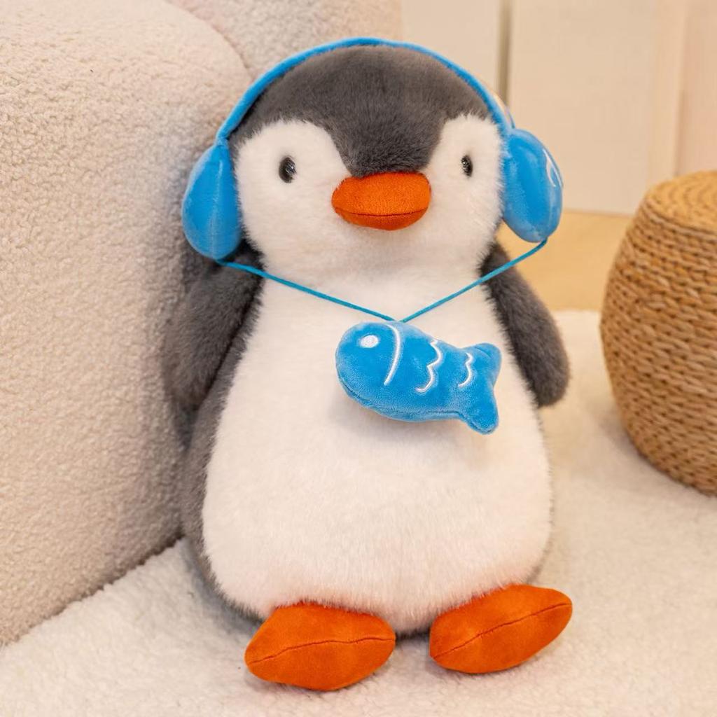 25/35cm New Simulation Penguin Doll with Headphones Plush Toy Cartoon Anime Cute Pillow for Children's Birthday Gift Fun Doll