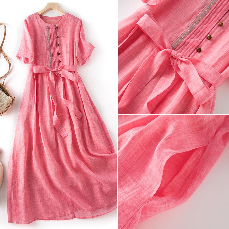 2026 Summer Ethnic Ramie Slim-Fit Long Dress - Women's Waist-Cinching, High-End Style