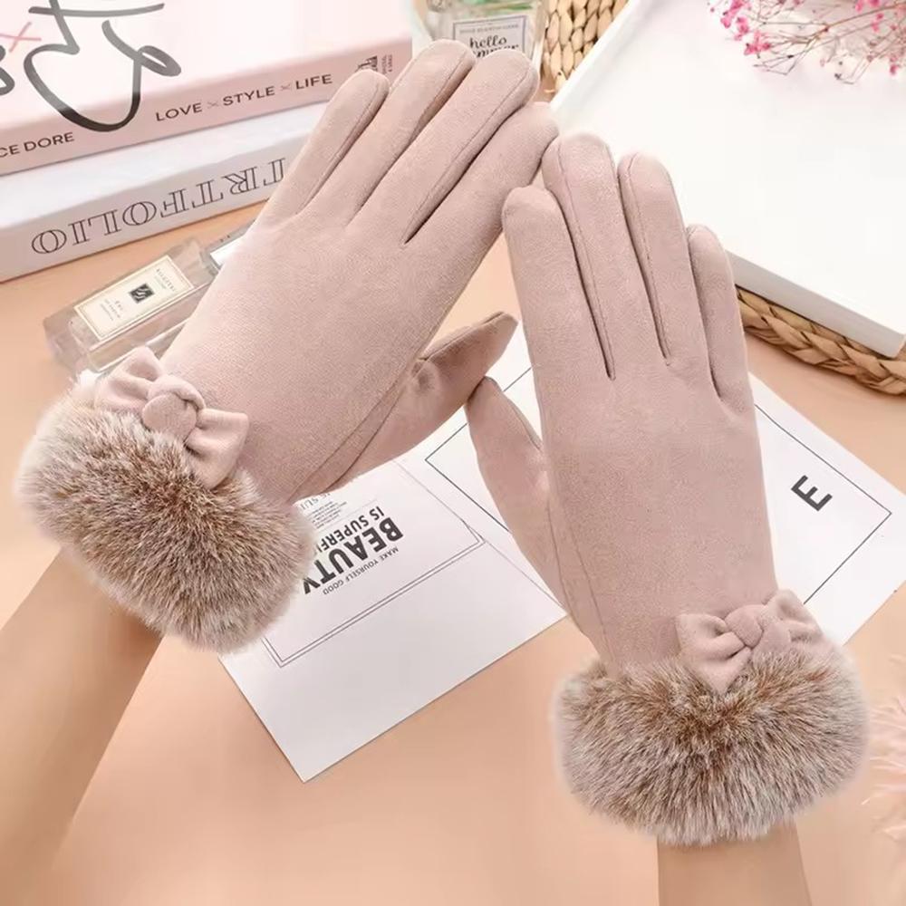 Winter Warm Thick Bow Plush Gloves for Women Non Slip Touch Screen Fashionable Finger Gloves Elegant Simple Cashmere Hairy Glove