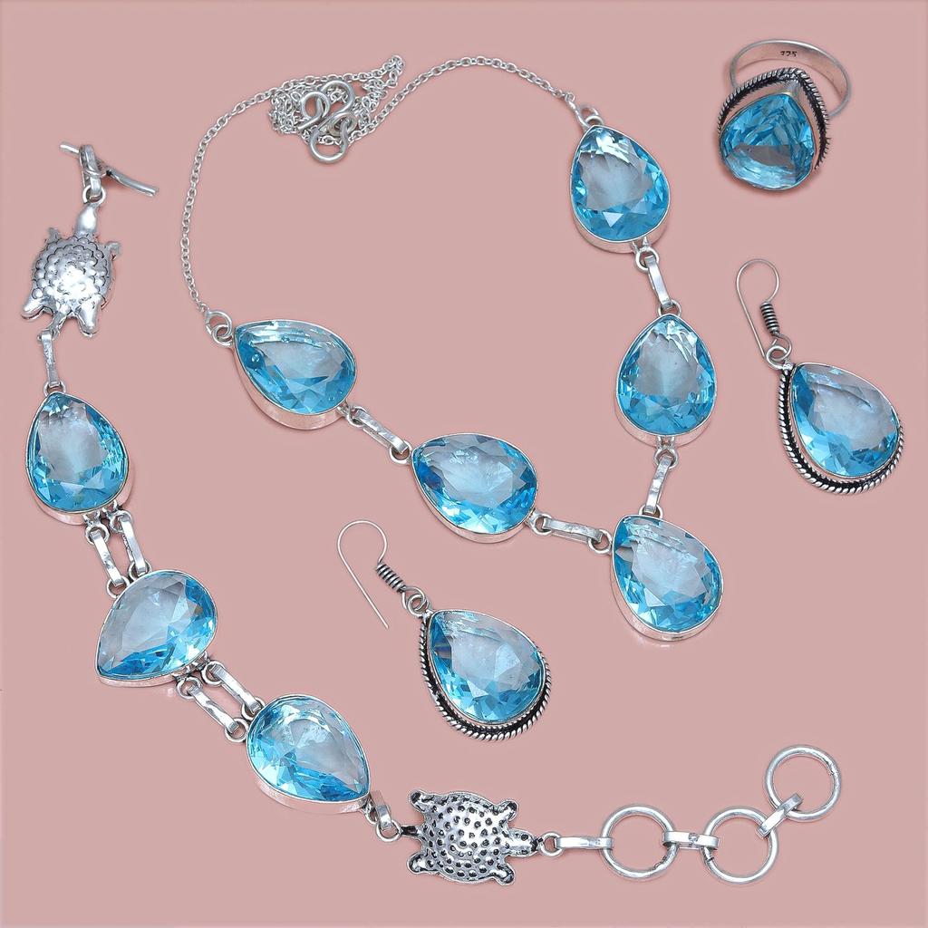 Topaz Blue London Jewelry Set  Gemstone Necklace Gift Sterling