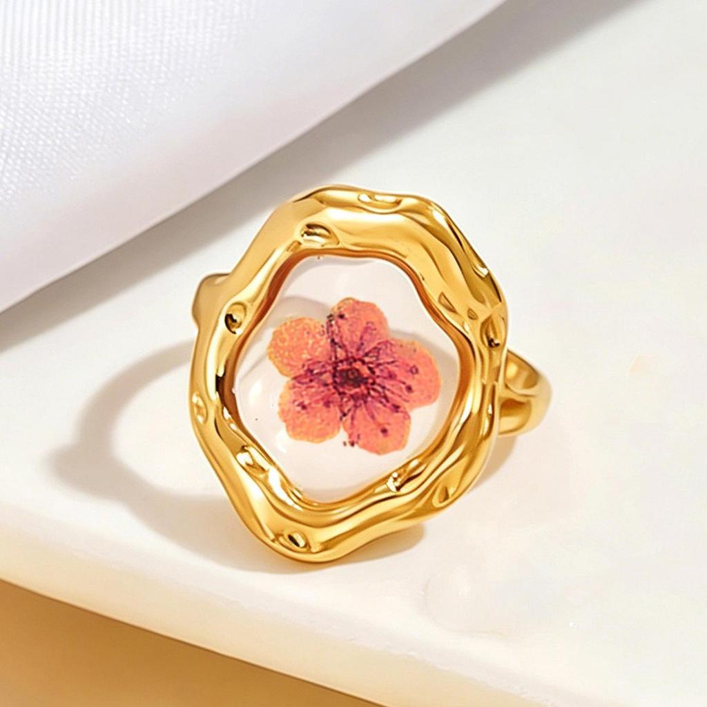 Bohemian Stainless Steel Dried Flower Ring with Transparent Drip Oil for Women