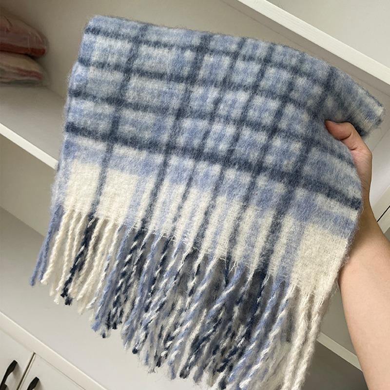 Plaid pattern with wool fringed scarf, high-end winter mohair warm scarf, men's and women's scarves