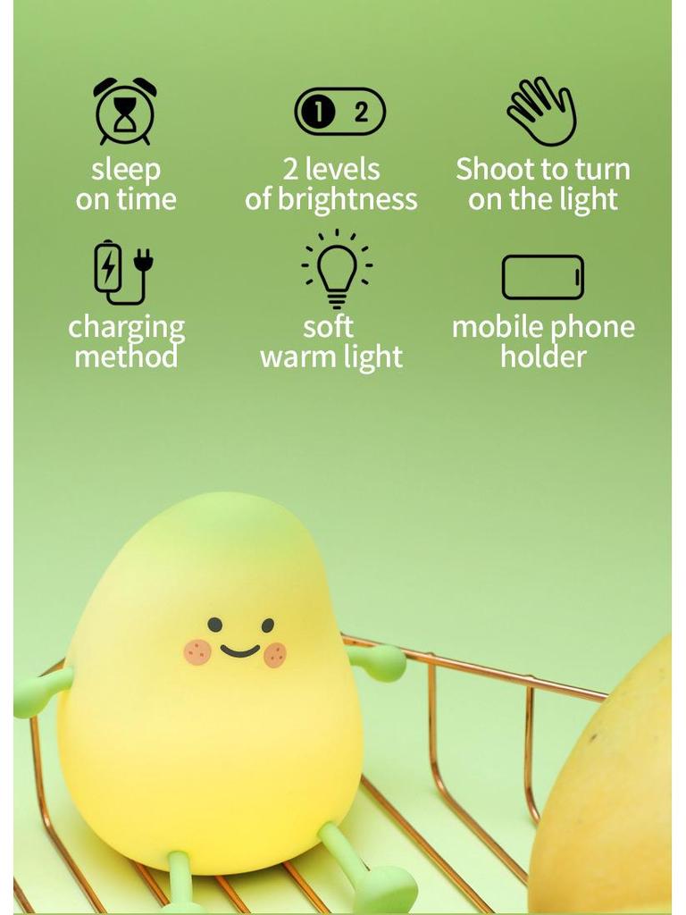 Mała zielona lampka LED z silikonu w kształcie mango: Ładowanie USB, Timer, Ściemnianie dotykowe, Miękkie światło do karmienia dziecka i ochrony oczu.