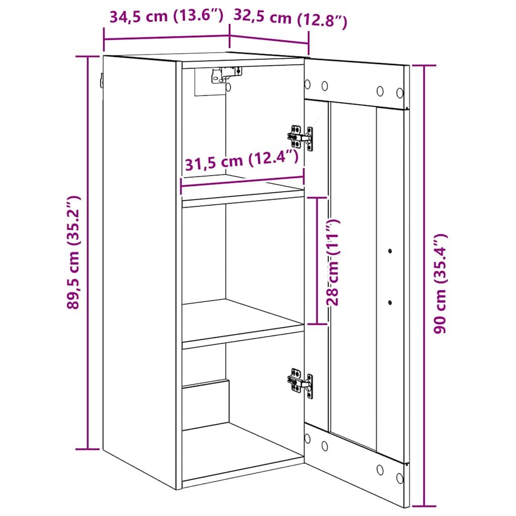 Wall Mounted Cabinet in Black Oak Look 34.5 x 34 x 90 cm