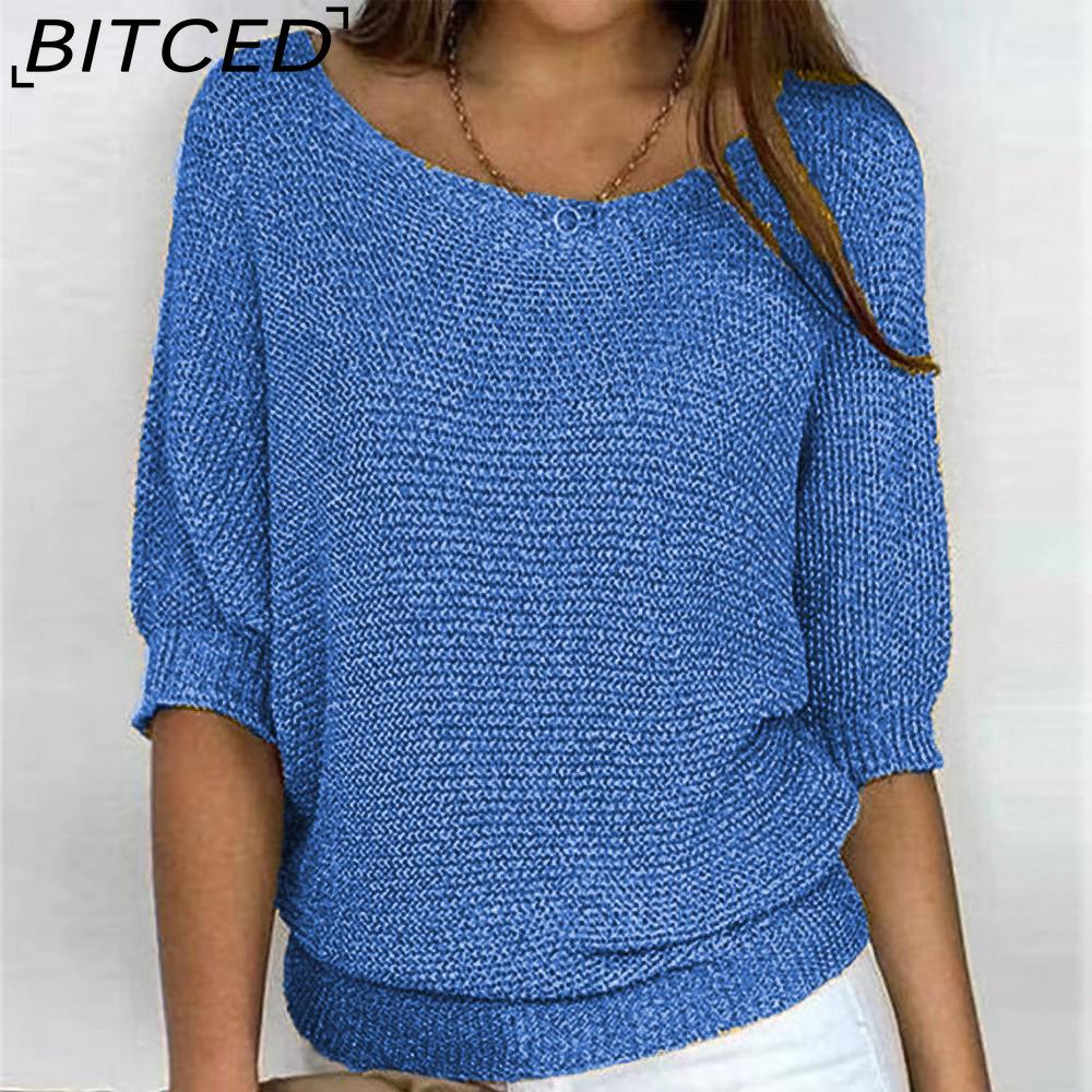 BITCED Βαμβακερό Πλεκτό Τοπ Μονόχρωμο με Στρογγυλή Λαιμόκοψη για Γυναίκες Κομψή Μπλούζα με 3/4 Μανίκια για το Γραφείο και Χώρους με Κλιματισμό