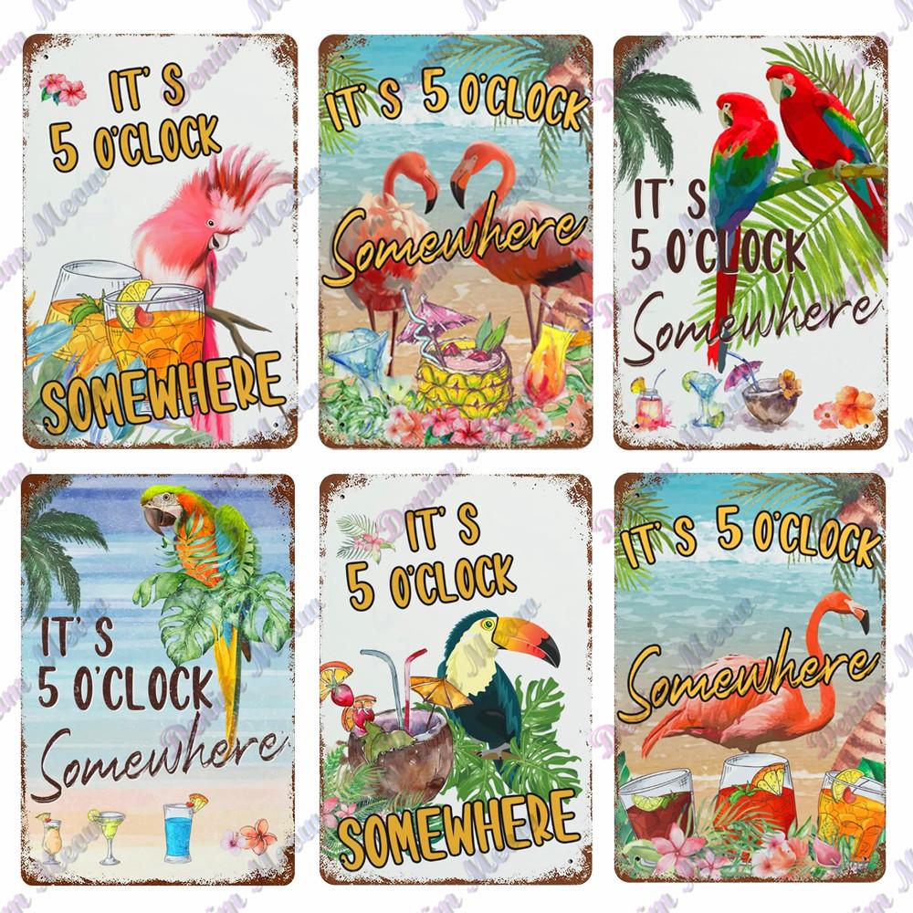 Metal Tin Sign Wall Decor, Vintage Parrot Cocktail Bar Plates, Kitchen Painting Decor, It's 5 O'clock, WY23