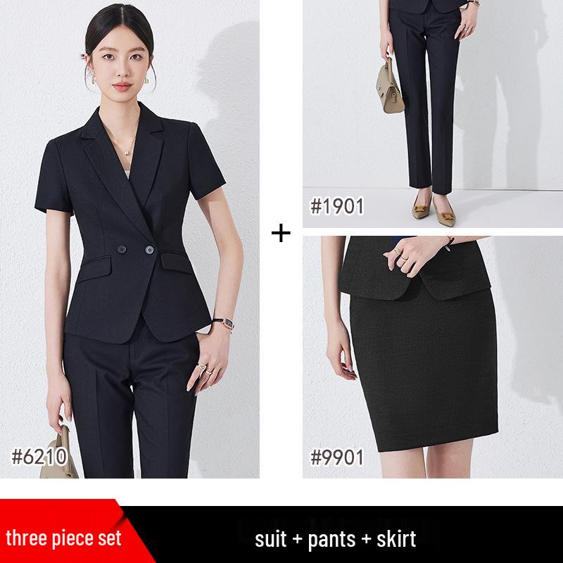 Women's Black Short-Sleeve Professional Suit Set for Summer Reception and Workwear