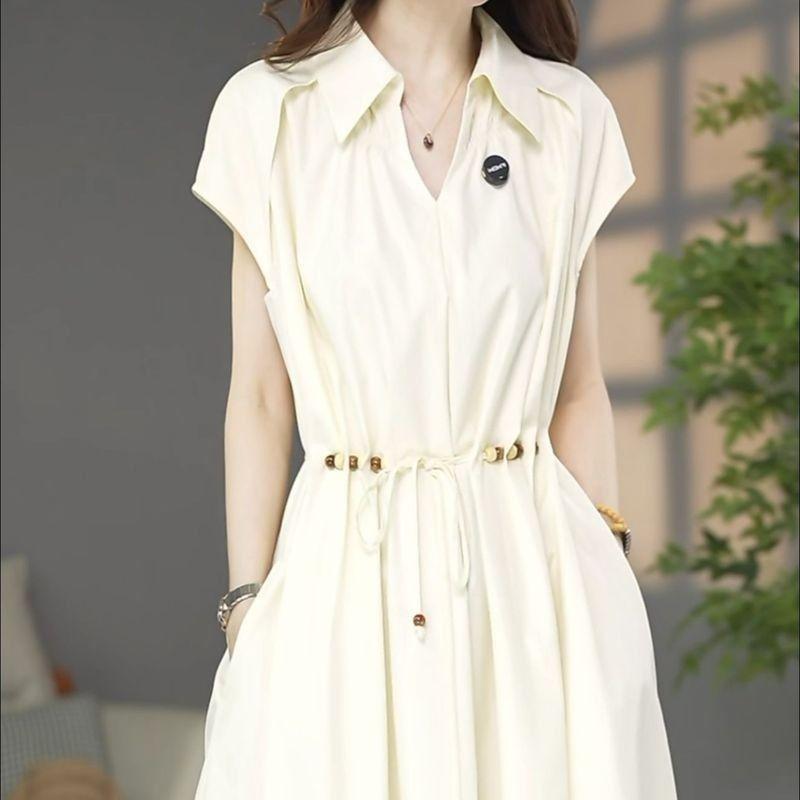 

Ummer Fashion Elegant Solid V-neck Dress Women Clothes Drawstring Slimming Waist Knee-length Robe Party Prom Vestidos 4XL бежевий