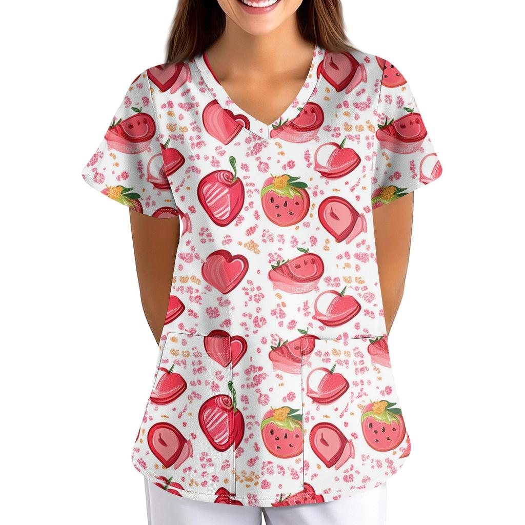 Women's Fruit And Floral Print Loose V-Neck Pocket Short Sleeve Uniform Uniform