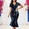 Women Plus Size V Neck Short Sleeve Printed Dark Blue Fitted Fishtail Dress