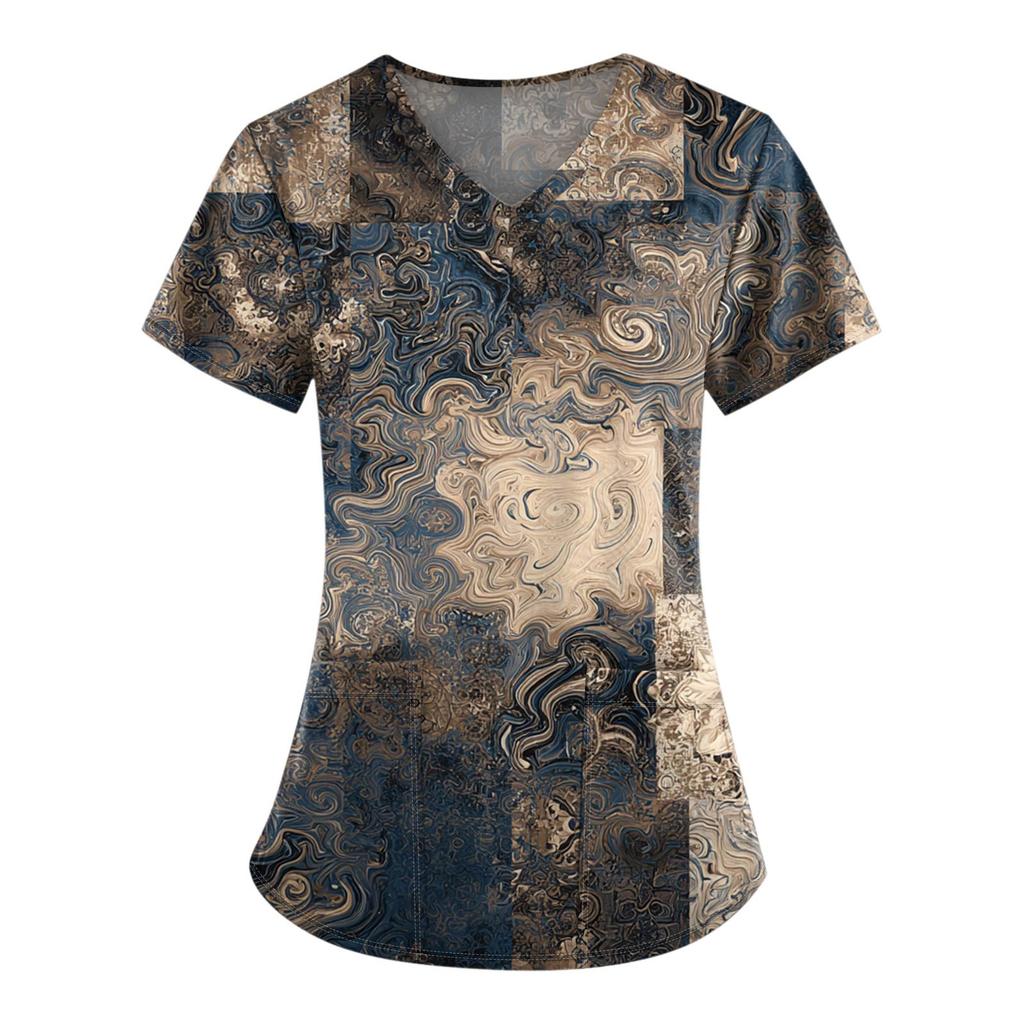 Plus Size Printed Scrub Working Uniform Tops For Women's V-Neck Print Short Sleeve Fun T-Shirts Workwear Tee With Pockets
