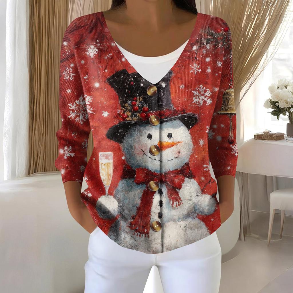 Women's Fashion Long Sleeve Christmas Snowman Snowflake Print Jacket Cardigan