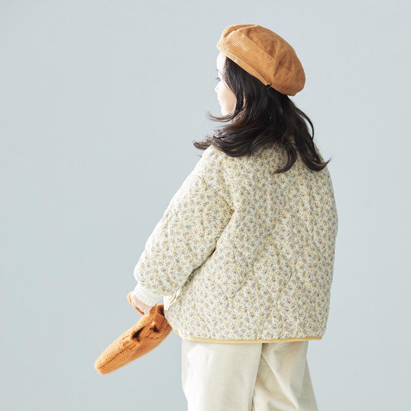 2023 Korean Style Girls' Floral Quilted Corduroy Winter Jacket