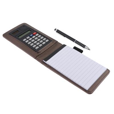 A7-Notizbuch aus Leder mit wasserfestem Hardcover und Taschenrechner + Kugelschreiber in Schwarz
