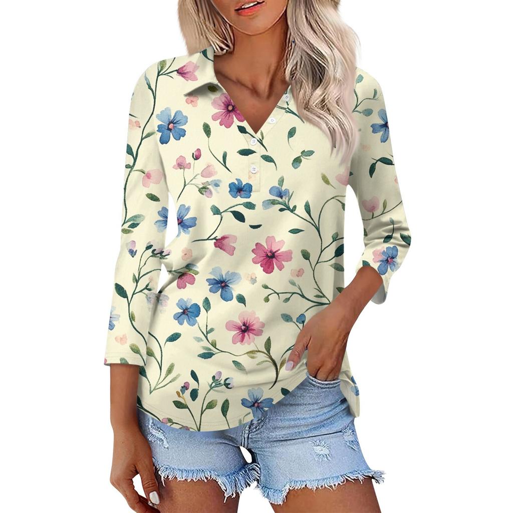 Women's Fashion Casual Button-up Seven-quarter Sleeve Floral Print Lapel Top