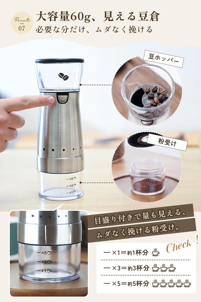 PACEIN Elektrische Kaffeemühle, Kabellos, Waschbar, 5 Mahlgradeinstellungen, Keramikmahlwerk, Niedertemperatur-Mahlwerk, Wiederaufladbar, Automatische Abschaltung,