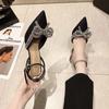 New Mesh Red Rhinestone Bow High -Heeled Shoes Women 'S Thin Heel Pointed Head Strap Design Sense Of Minority Temperament