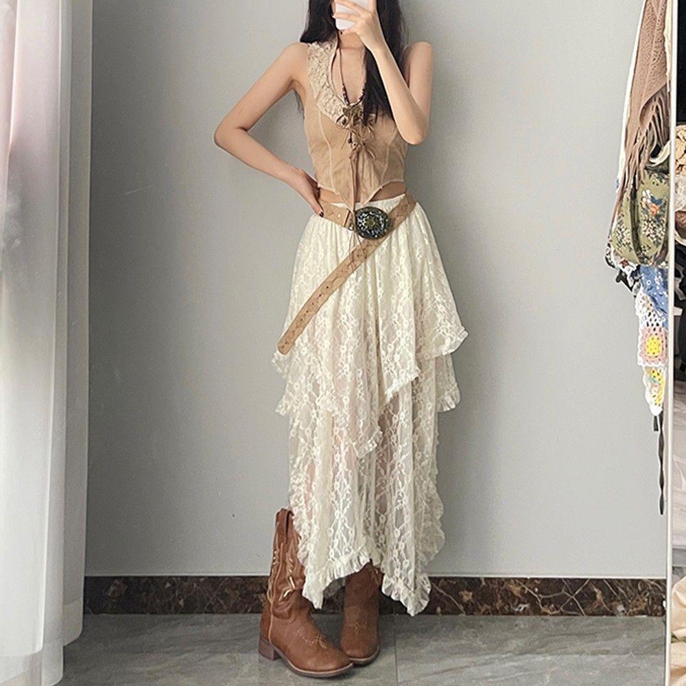 

Versatile Layered Asymmetric Lace Skirt - Bohemian Nomadic Style Flowy Drape Midi Skirt one size