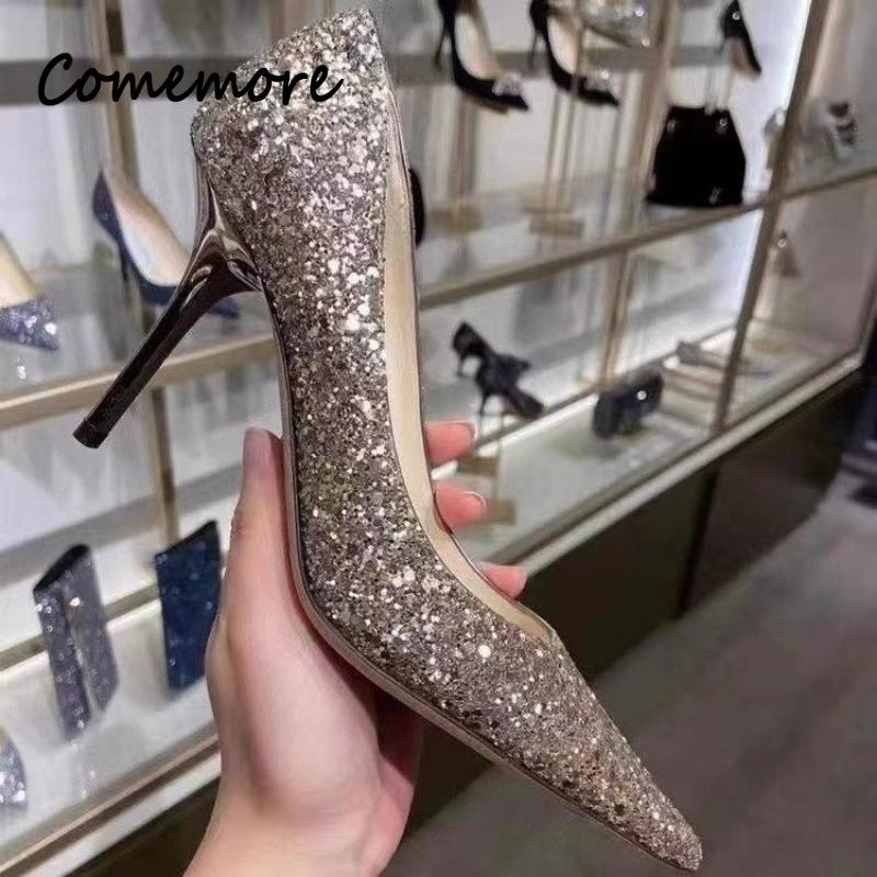 Comemore High Heels Women Wedding Pumps Shoes Heel Bride 2025 Gold Luxury Designer Elegant Party Sandals Dress Dance Sexy Silver
