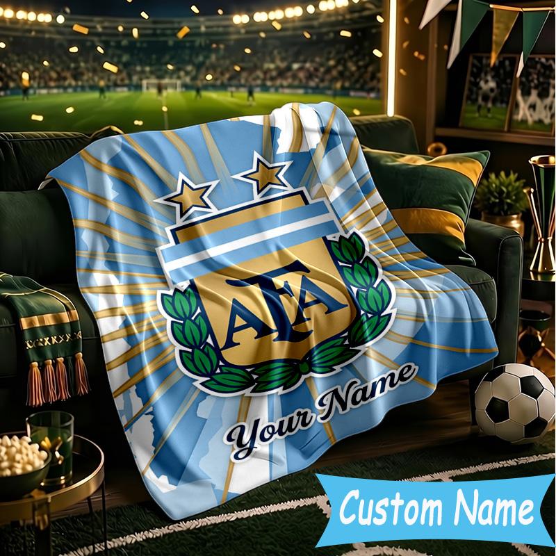 Custom Name Argentina Football Team Flannel Blanket, Use for Birthday/Holiday Gift, Soft Blanket for Sofa/Bed/Camping/Office, Home Decor