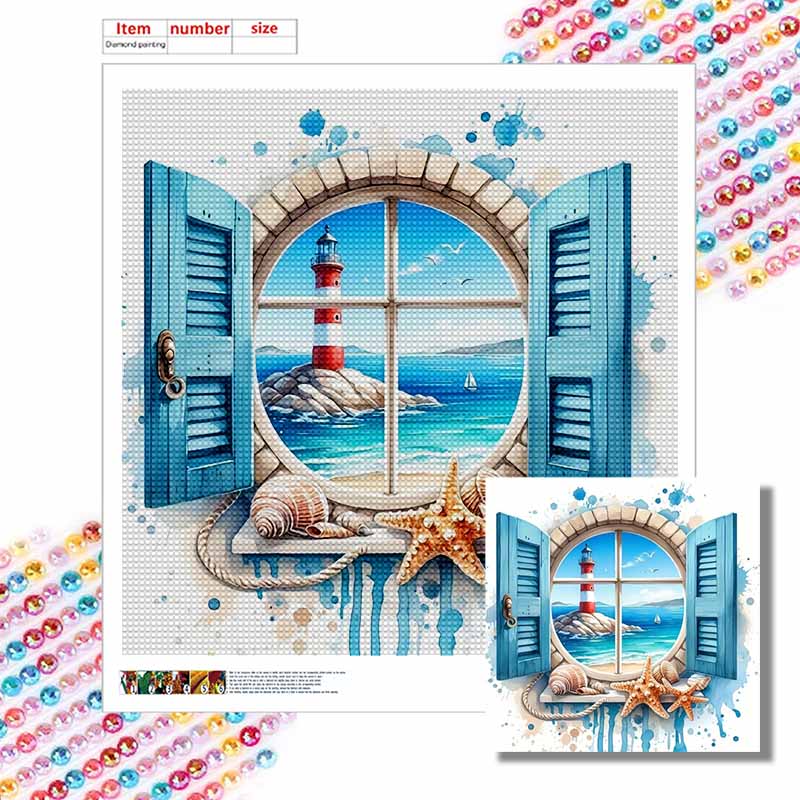 New Arrival 5D DIY Full Circle Diamond Painting "Window Seaside" Embroidery Cross Stitch Home Decor Gift