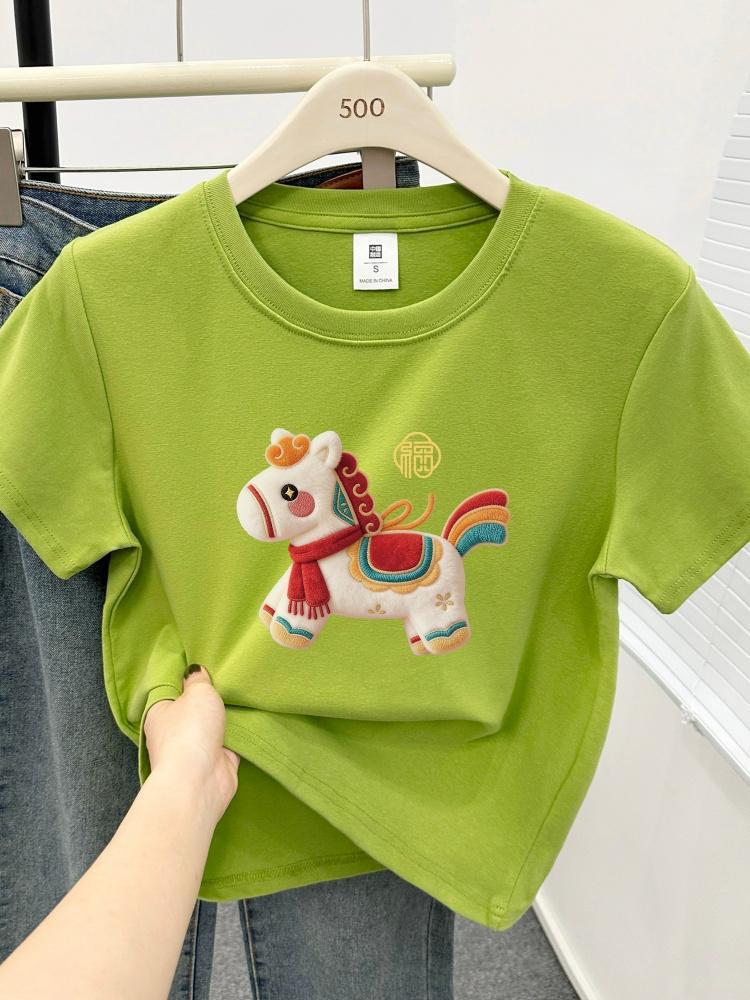 2026 Women's Plus Size T-shirt: Little Horse Print, Round Neck, Short Sleeve, Stylish, Tummy-Covering Design