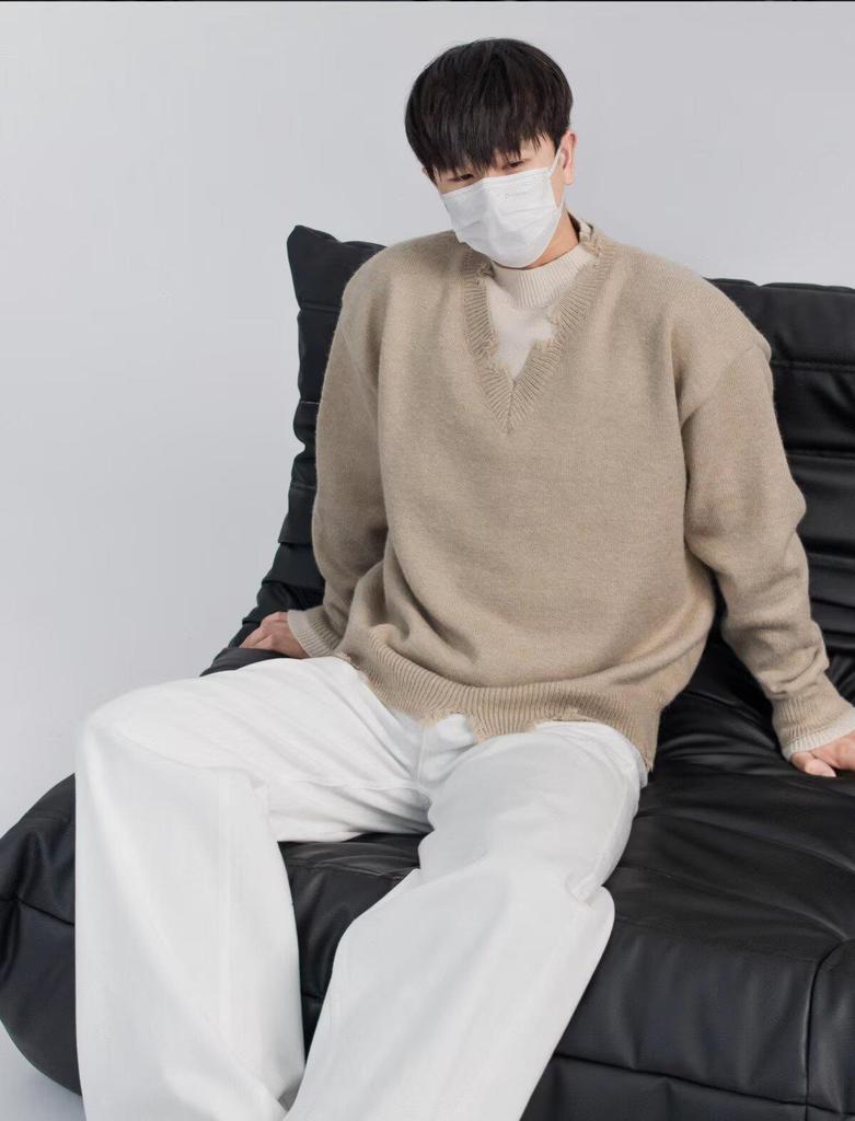 Men's Casual Knit Sweater Coat: Trendy Frayed Faux Two-Piece Design for Autumn/Winter, American Brand, Lazy Style.