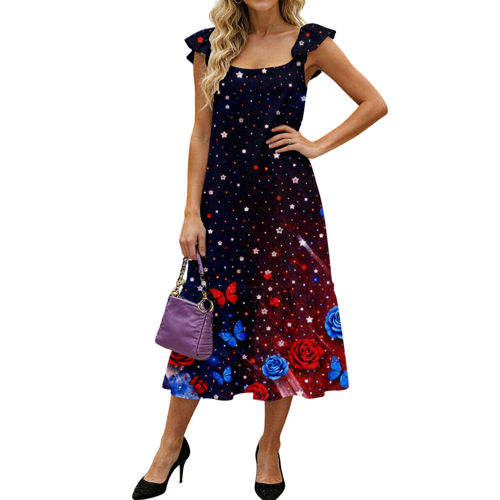Women s Fashion Loose Mid-length Ruffled Flying Sleeve Independence Day Printed Dress L чёрный