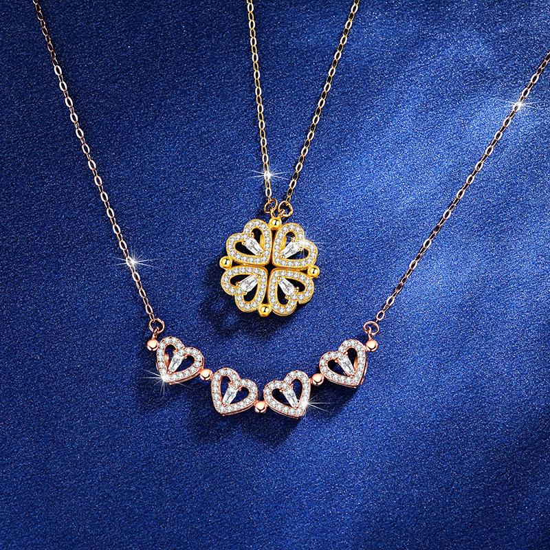 Zircón nuevo dos collares magnéticos de amor trébol de cuatro hojas temperamento lujo ligero cadena de acero de titanio.