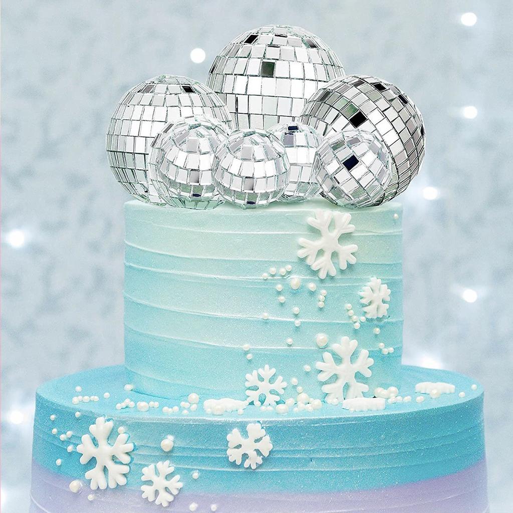 4pcs Disco Ball Cake Toppers, 3 Sizes Mini Silver Disco Balls for Bachelorette Party, 70s Space Cowboy Birthday Decor