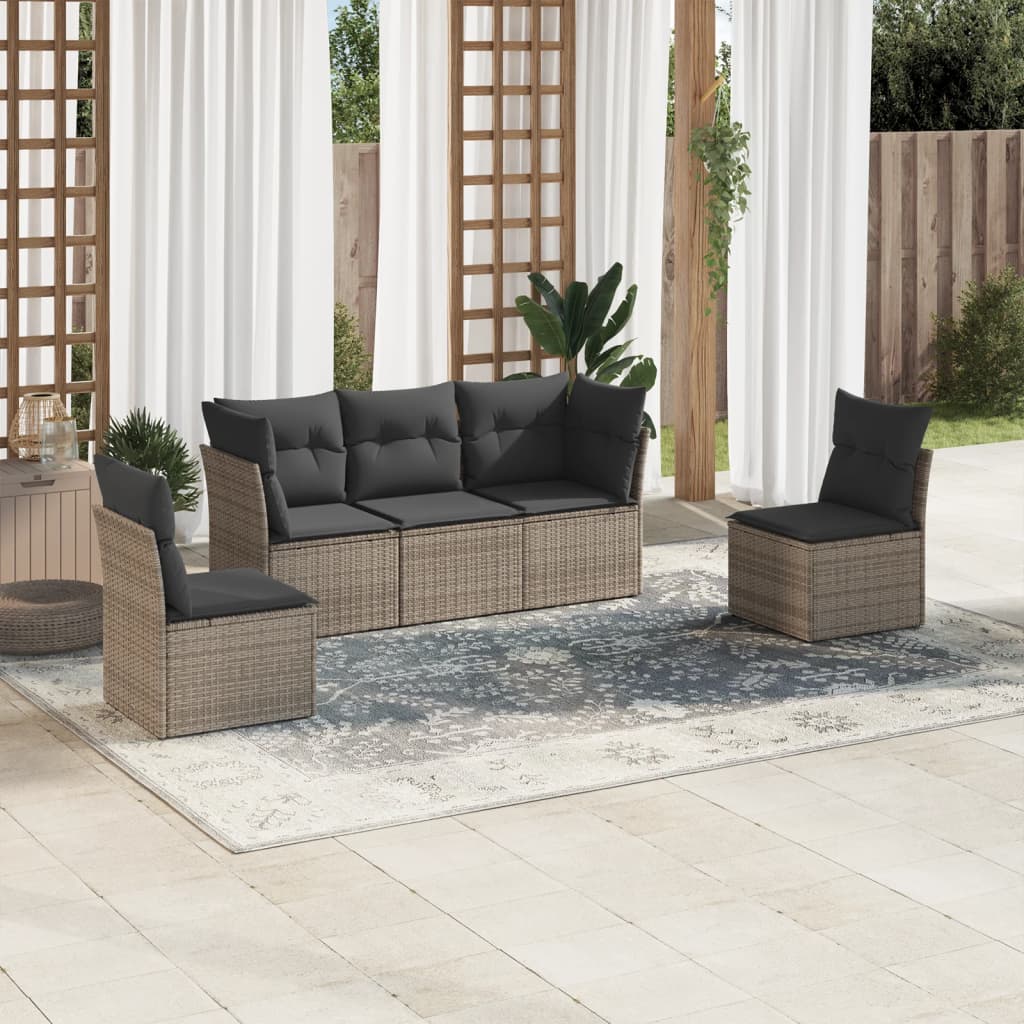 Vidaxl 5-Cz. Garden Lounge Set, Cushions, Grey PE Rattan
