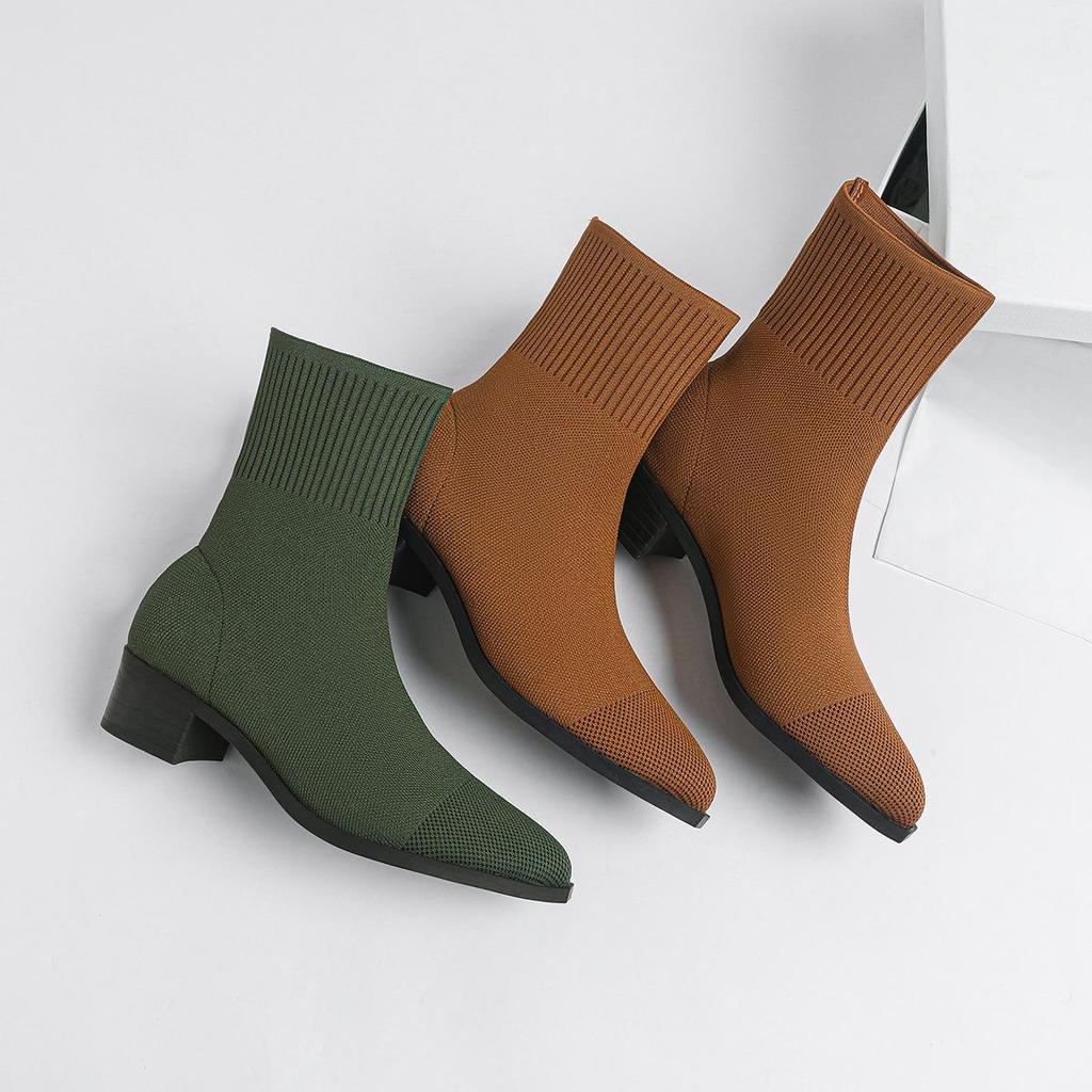 Waterproof Flyknit Mid-Calf Sock Boots with Pointed Toe & Platform - Japanese Style Fashion