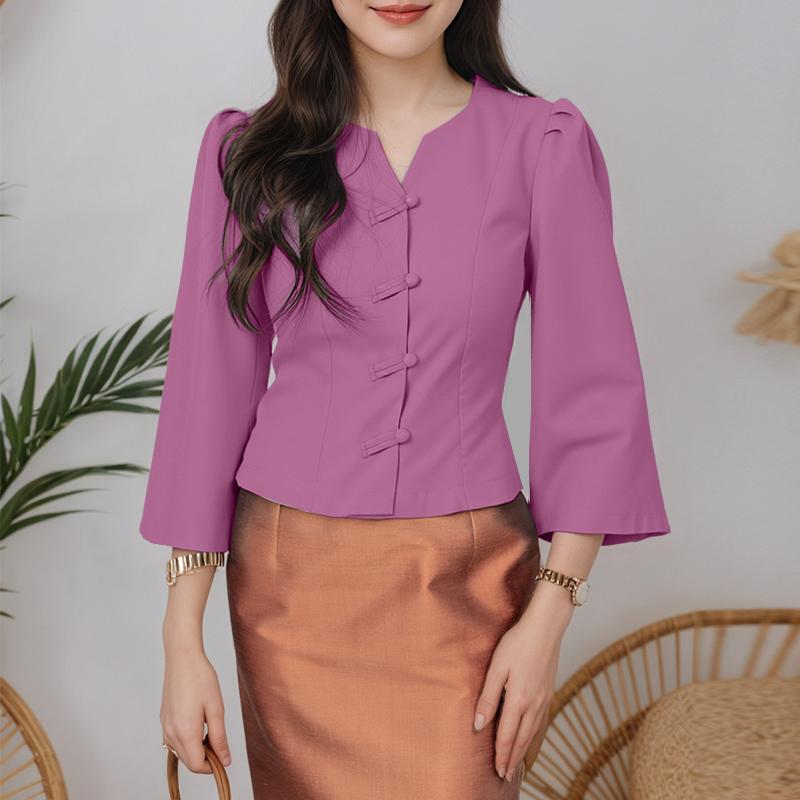 ZANZEA Women Casual V-Neck Solid Color 3/4 Sleeve Blouse