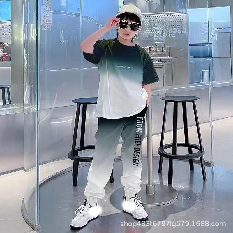 Summer Teenager Boys Clothes Casual Outfit Kids Gradient Tracksuit Child T Shirt + Ankle Tie Pant